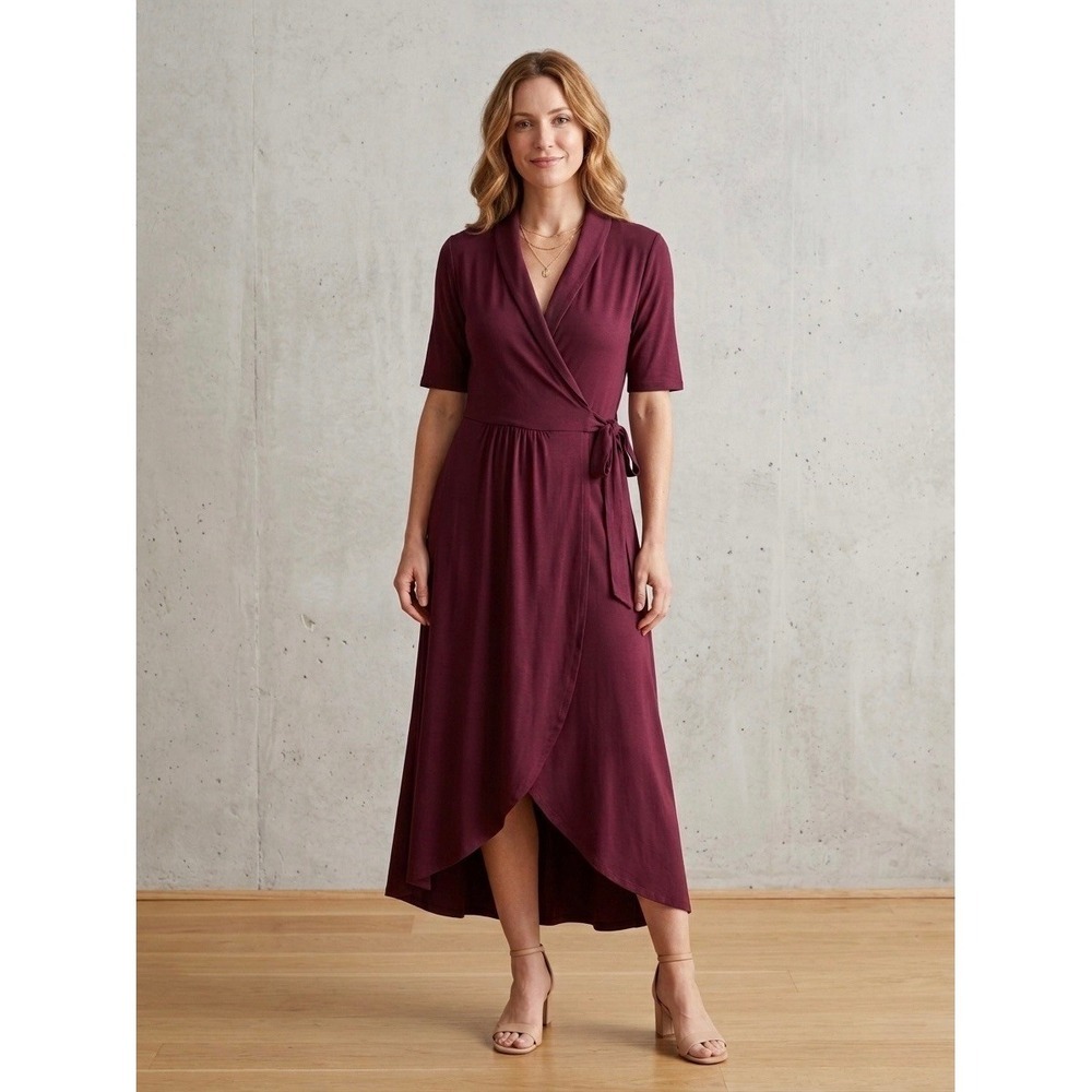 Quince Tencel Lyocell Jersey Wrap Midi Dress Burgundy Large SHWDC01 NWT - Picture 1 of 6
